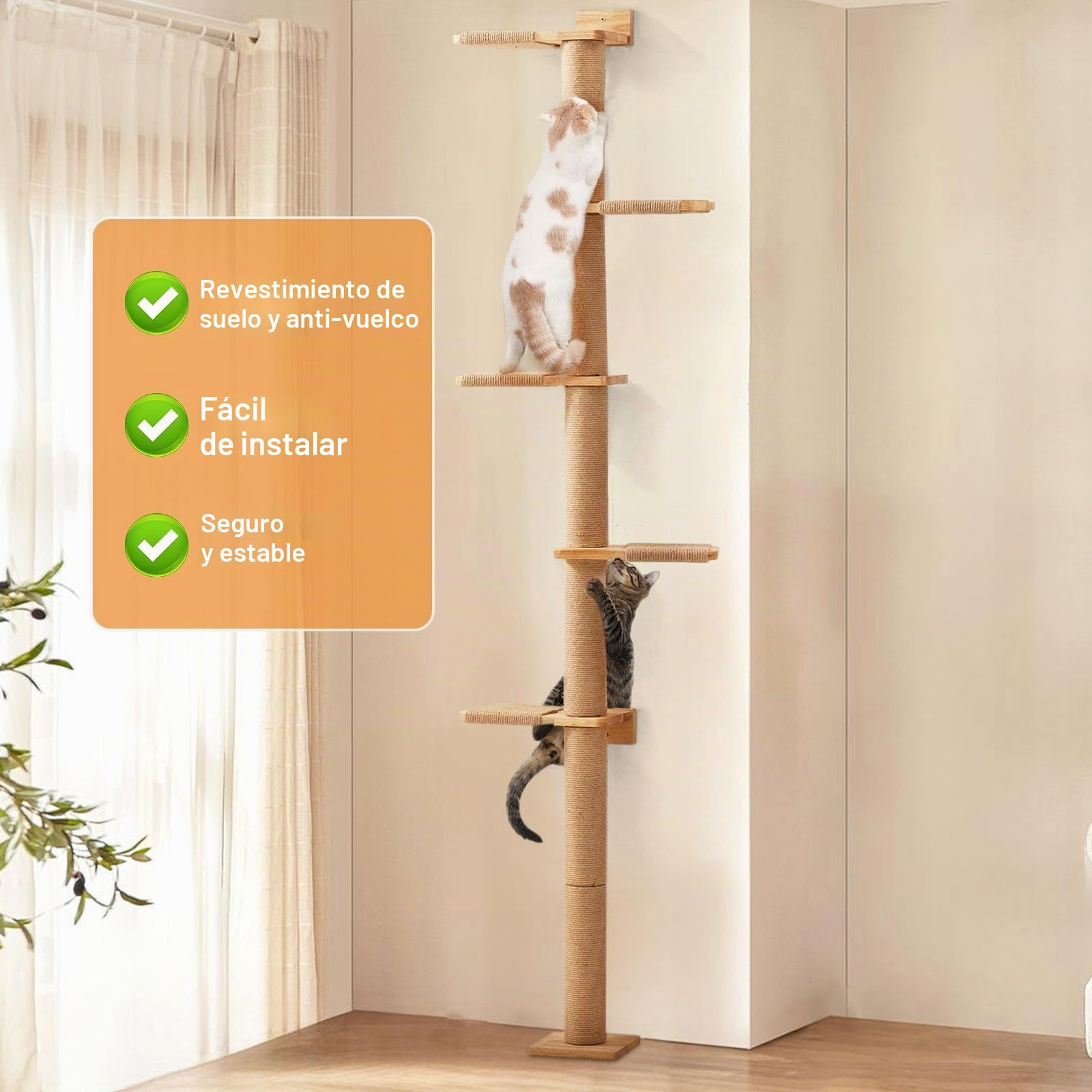 Árbol rascador de 5 niveles para gatos (206 cm), ajustable desde el suelo hasta el techo, estable montado en la pared con rascador, para gatos para escalar, rascar