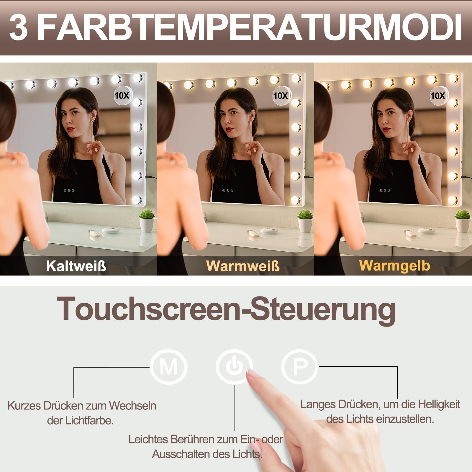 Saimeihome Miroir Coiffeuse Hollywood LED 70x55 Cm – 17 Lumières Dimmables, 3 Températures, Mémoire & Tactile