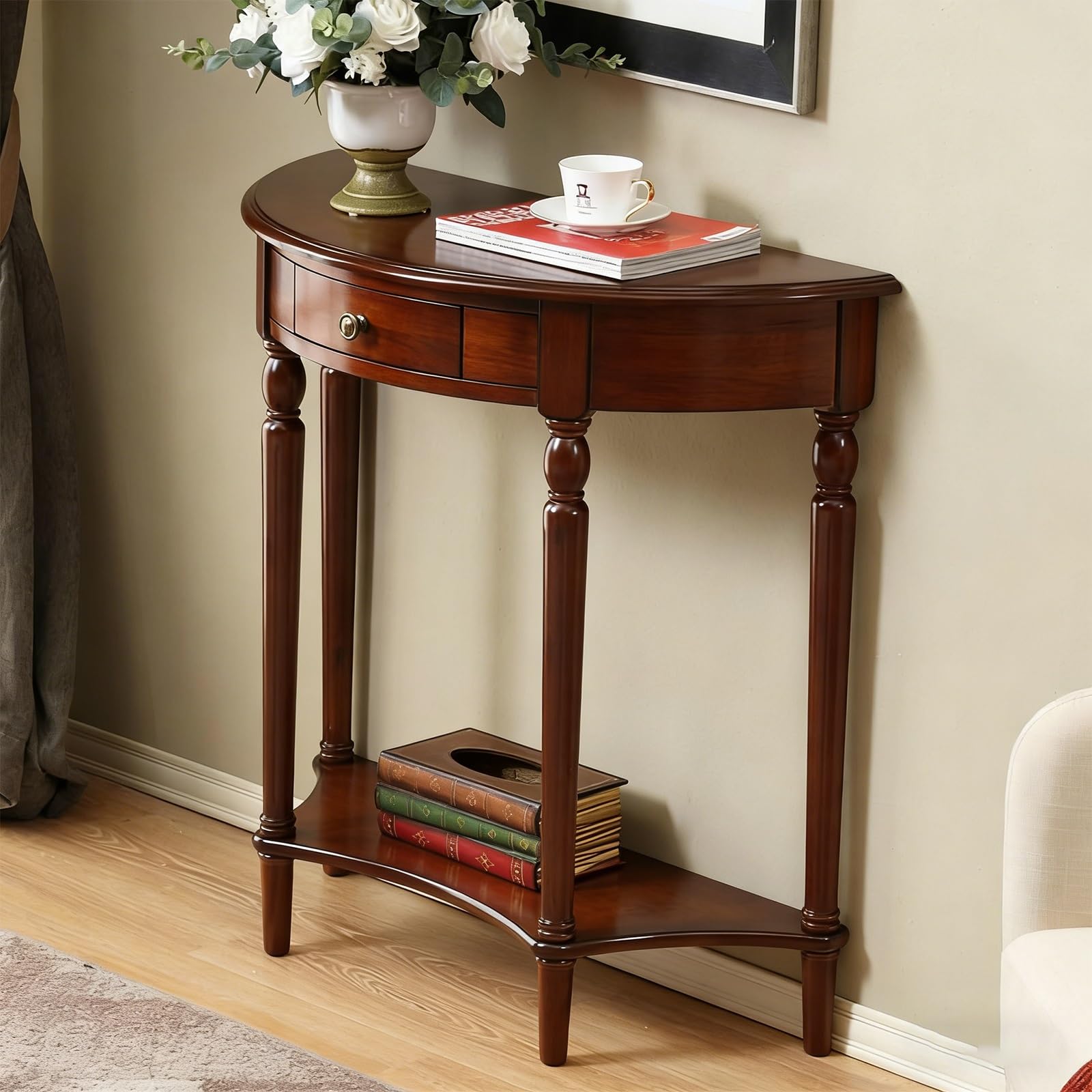 Mesa consola semilunar de madera con cajón pasillo nogal