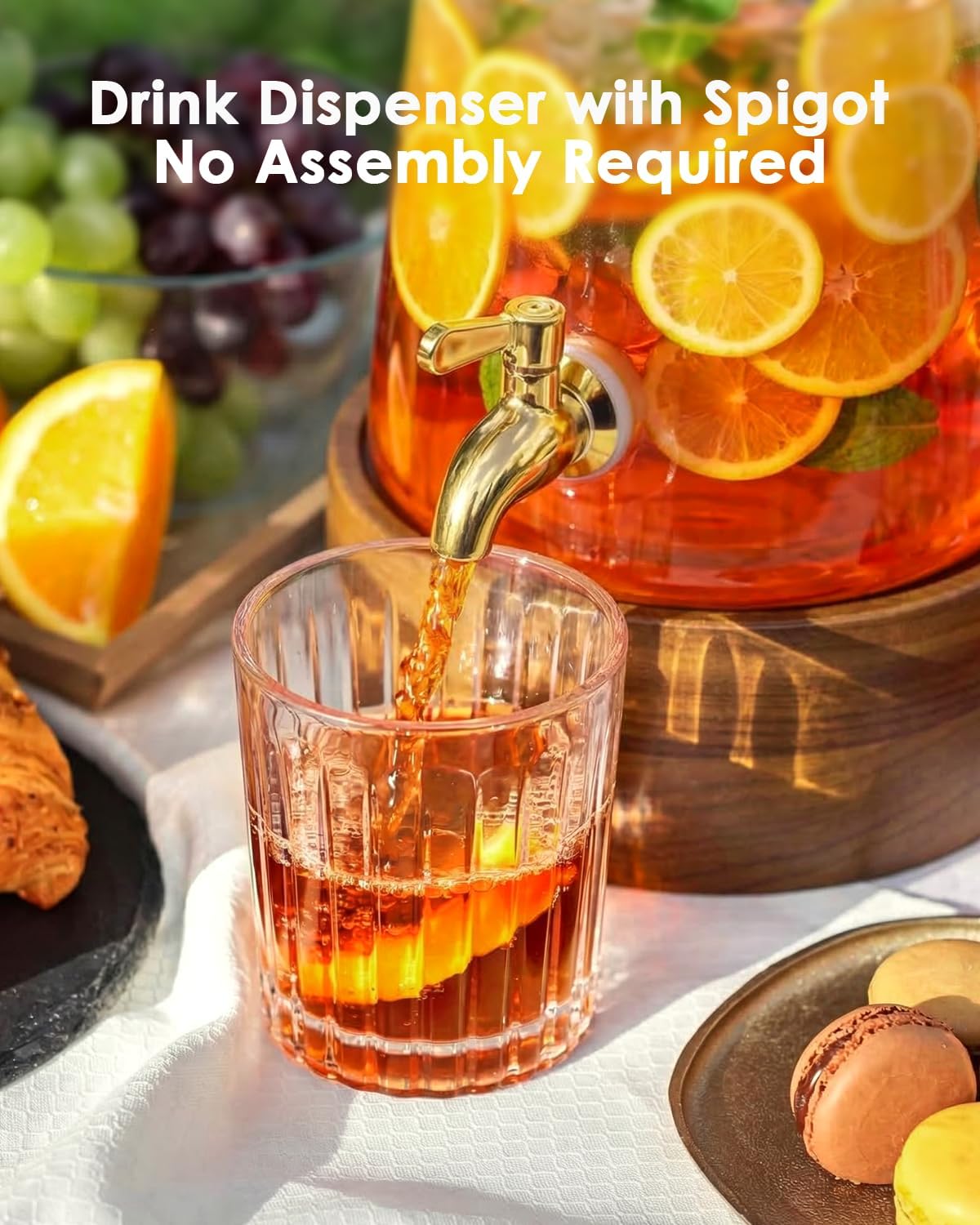 2.0 Gallon Glass Beverage Dispenser with Wood Stand - No Assembly Required Leakproof Drink Dispenser with Gold Spigot, Tapered Pitcher for Lemonade, Sangria, Punch, Tea - Party & Wedding