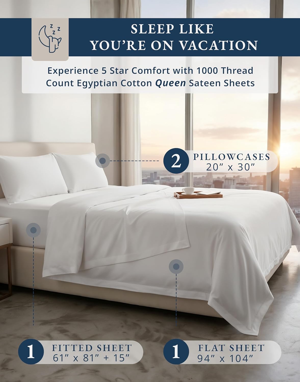 100% Egyptian Cotton Sheets Queen Size - Luxury 1000 Thread Count Naturally Cooling & Breathable Silky Sateen Weave Queen Sheet Set, Soft & Durable Hotel Sheets with 15" Snug Fit Deep Pockets - White - Image 2