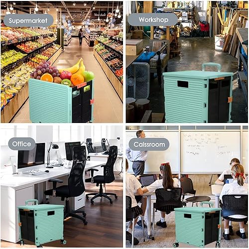 Miniatura 4 de SELORSS Carrito plegable portátil plegable con ruedas, cesta de mano rodante, carrito para profesores con tapa, resistente al desgaste, rueda