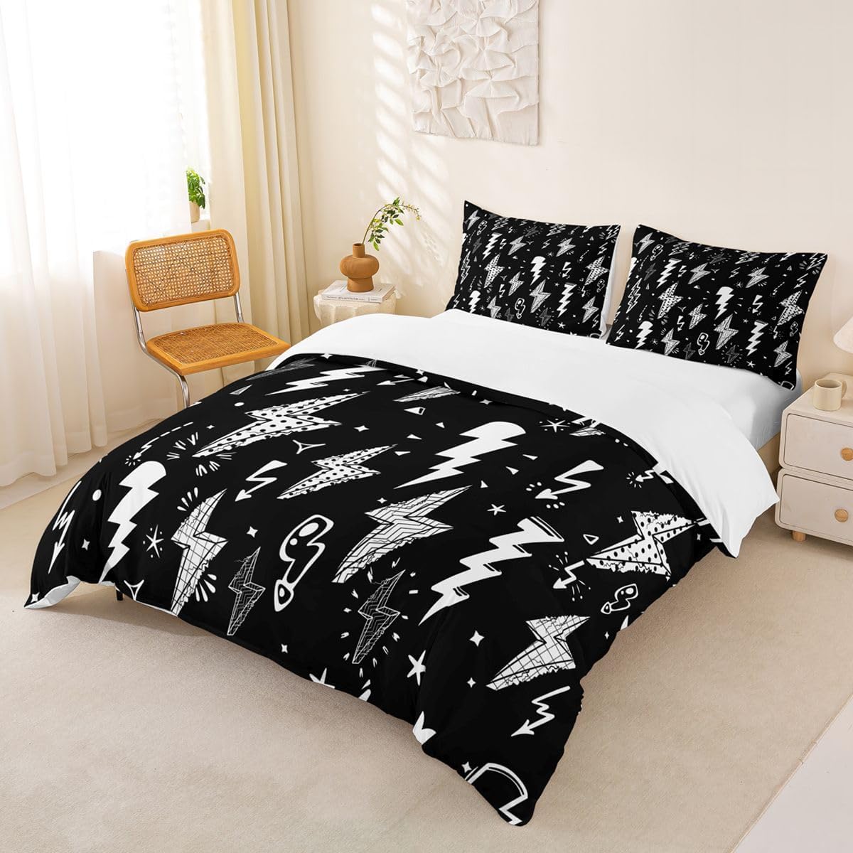 Homewish Lightning Duvet Cover Set Hand Drawn Doodle Lightning Bolt Bedding Set 3pcs for Kids Boys Thunderbolts Comforter Cover Microfiber Bedspread Cover with 2 Pillow Cases(No Comforter) Full Size