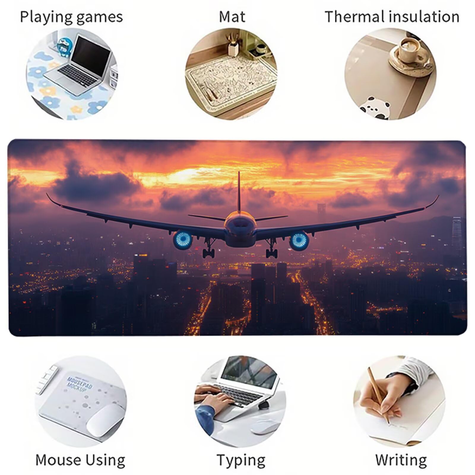 Tappetino Mouse XXL Aereo, Tappetino Scrivania Grande 1600x800x3mm Tramonto, Mouse Pad con Base in Gomma Antiscivolo, Accessori Gaming, Sottomano Scrivania con Bordi Cuciti, per PC, Laptop 6-9468