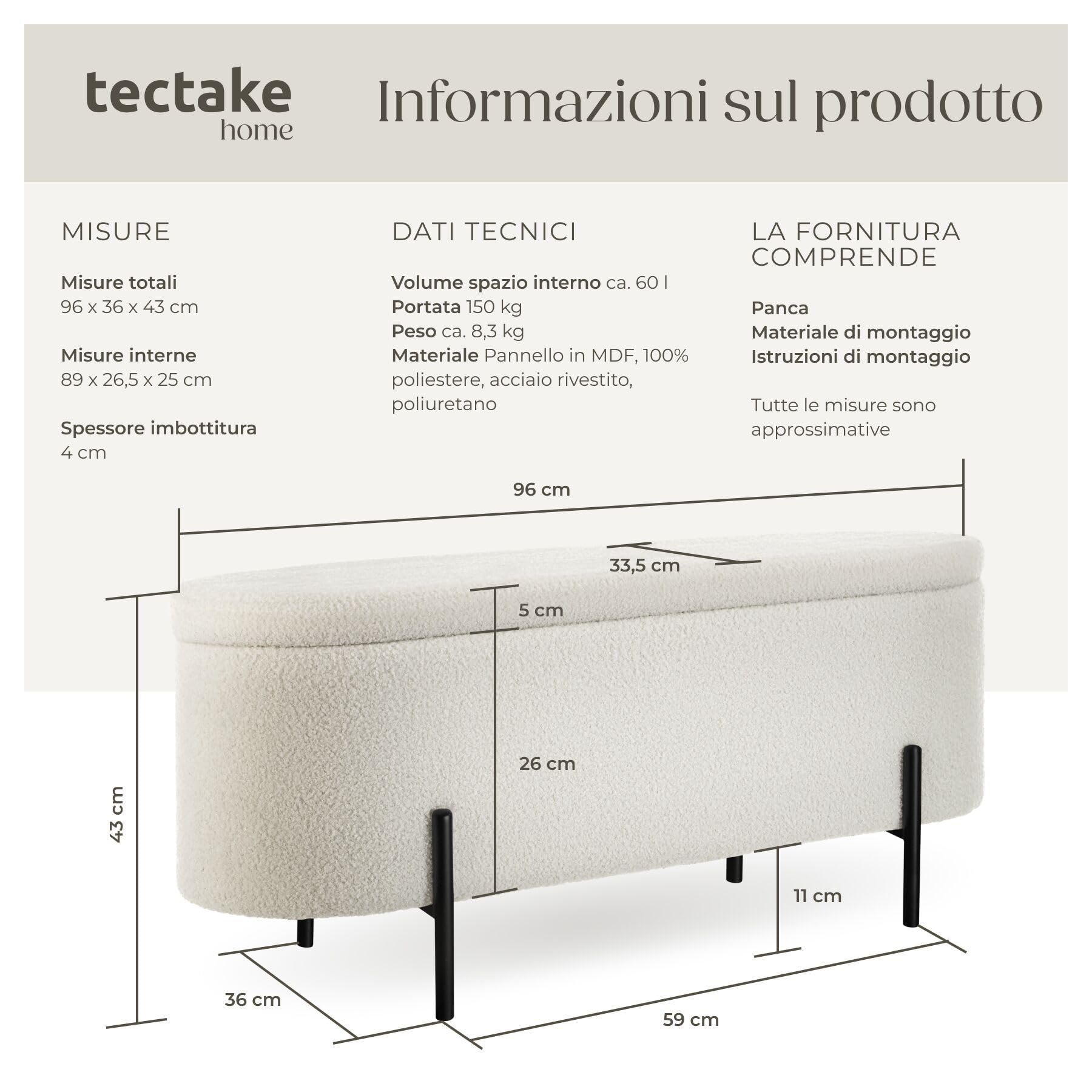 tectake® Panca Imbottita in Tessuto Bouclé, Panca Contenitore con Pratico Spazio Interno, Panca Comoda Pouf Contenitore con Gambe in Acciaio, Panca da Ingresso Design Scandinavo - Crema/Bianco
