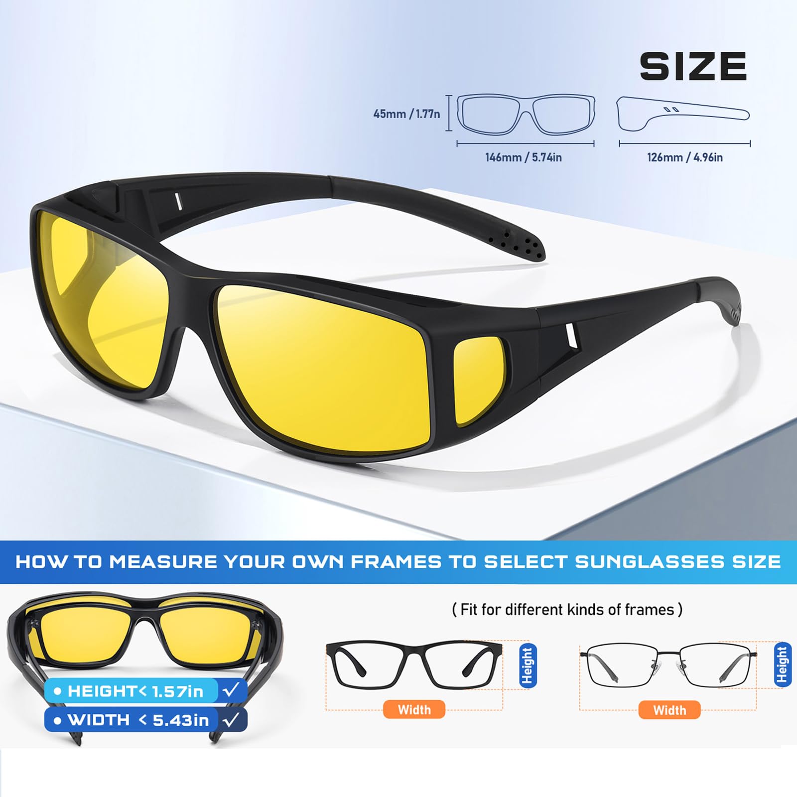 Nachtfahrbrille für Herren und Damen, Nachtsichtbrille, passt über Brillen, Sonnenbrille, blendfrei, polarisiert, HD, großer/schwarzer Rahmen, Nachtfahrlinse, Einheitsgröße, Großer, schwarzer