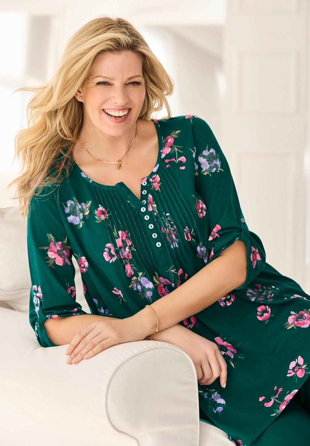 Woman Within Plus Size 7-Day Three-Quarter Sleeve Pintucked Henley Tunic