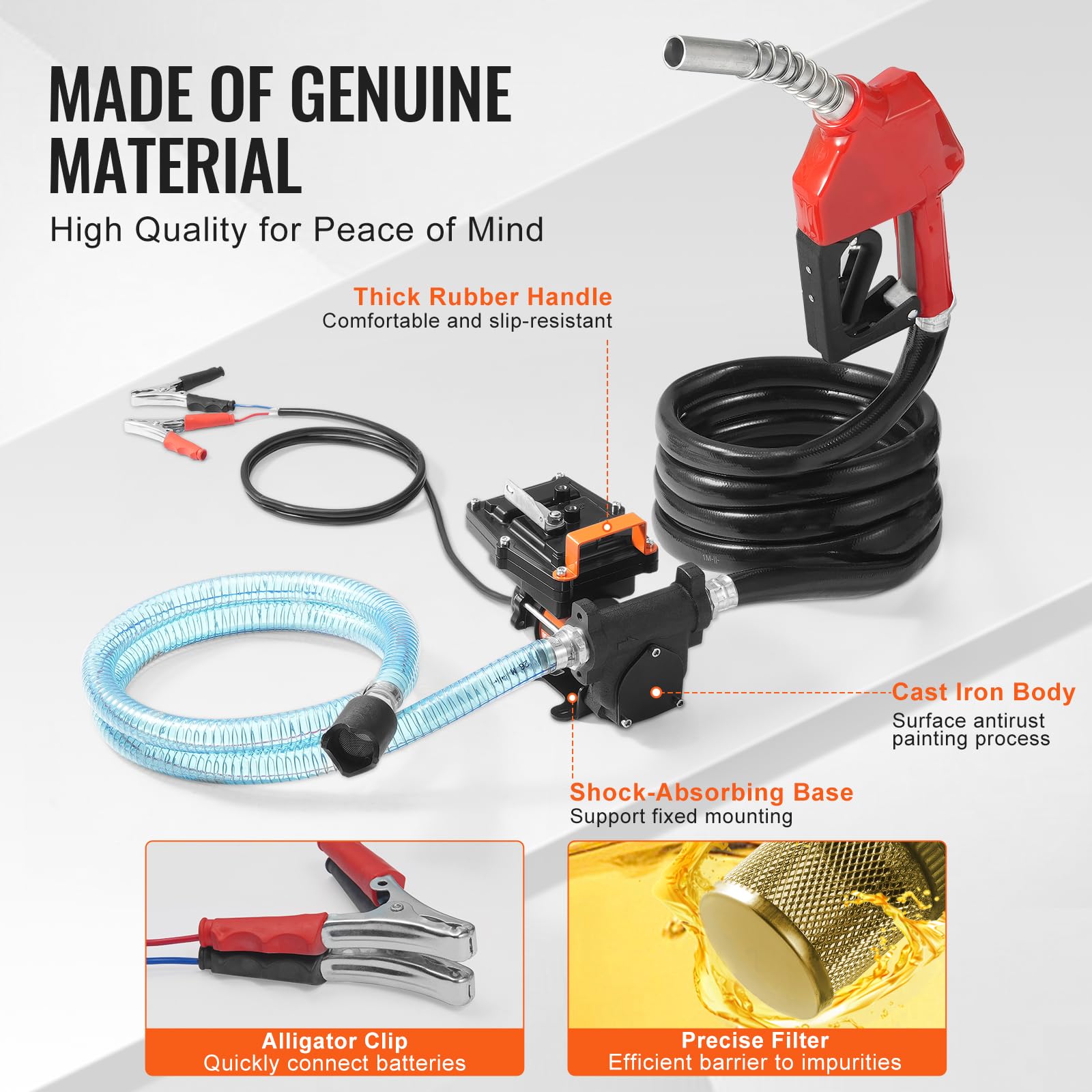 VEVOR Bomba Transferencia de Combustible 12V CC 15 GPM 1/4 HP Bomba de Transferencia de Diésel Eléctrica Portátil con Boquilla de Combustible Apagado Automático para Mezclas de Gasolina, Diésel