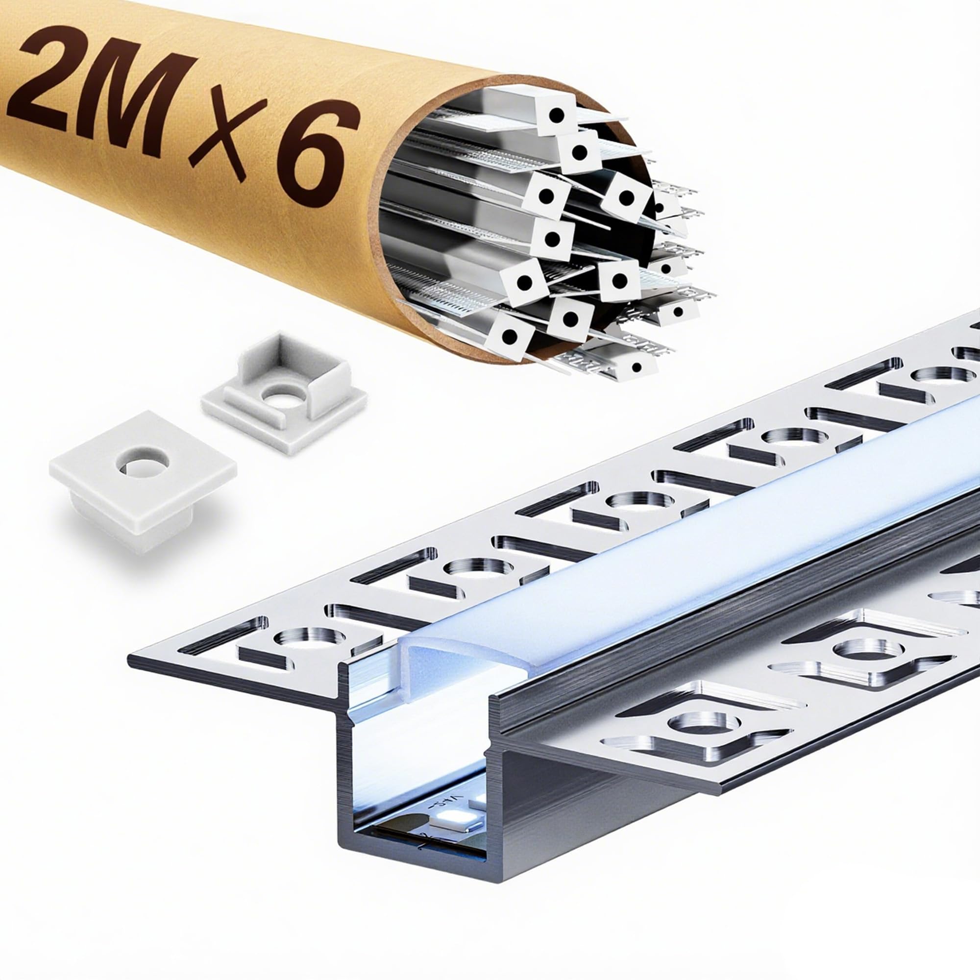 LED Aluminium Profil Einbau 2000×55,5×14,9mm für LED Strip ≤12,9mm Alu Profil Gipskarton Trockenbau, Einbauprofil Aluminium mit PC Abdeckung Endkappen Schiene flächenbündig für Wand Decke (6×2m=12m)