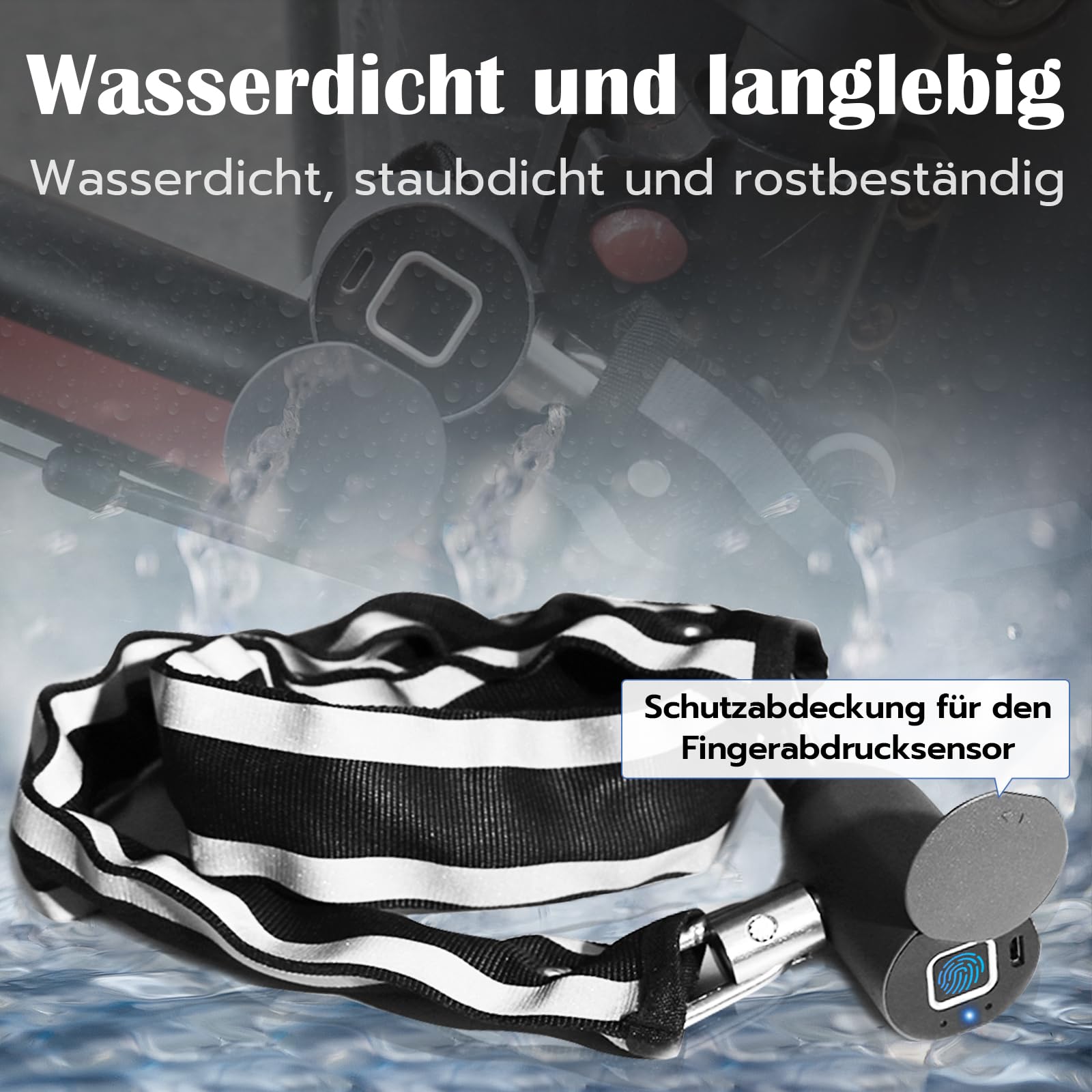 Anweller Lucchetto per bicicletta con impronte digitali, ad alta sicurezza, antifurto, con app, maglie in acciaio temprato, 6 mm x 100 cm, cavo impermeabile