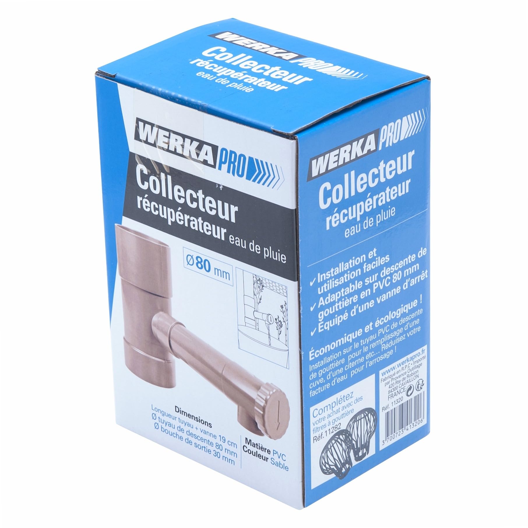 WERKA PRO Collecteur Récupérateur d'Eau de Pluie Ø 80 mm PVC Sable Vanne d'Arrêt Intégrée