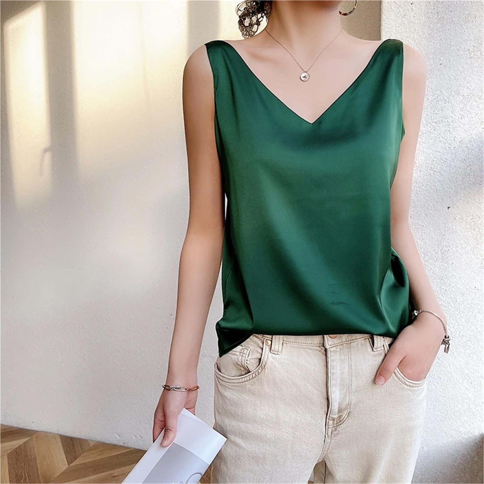 Top de Camisola de Seda Ropa Interior for Mujer, de Seda, con Tirantes y Escote en V, Lisa, combinable Todo, satén, Holgada, Fina, sin Mangas para IR al Trabajo
