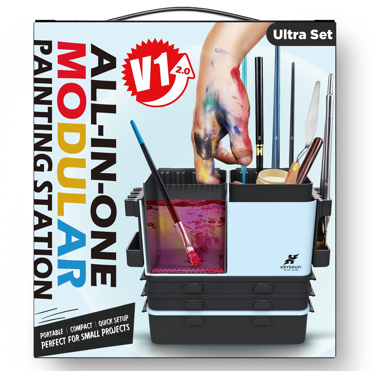 Station de peinture modulaire portable tout-en-un avec nettoyeur de pinceaux et supports, plateau de palette de peinture humide avec couvercle pour peinture miniature et peintures acryliques