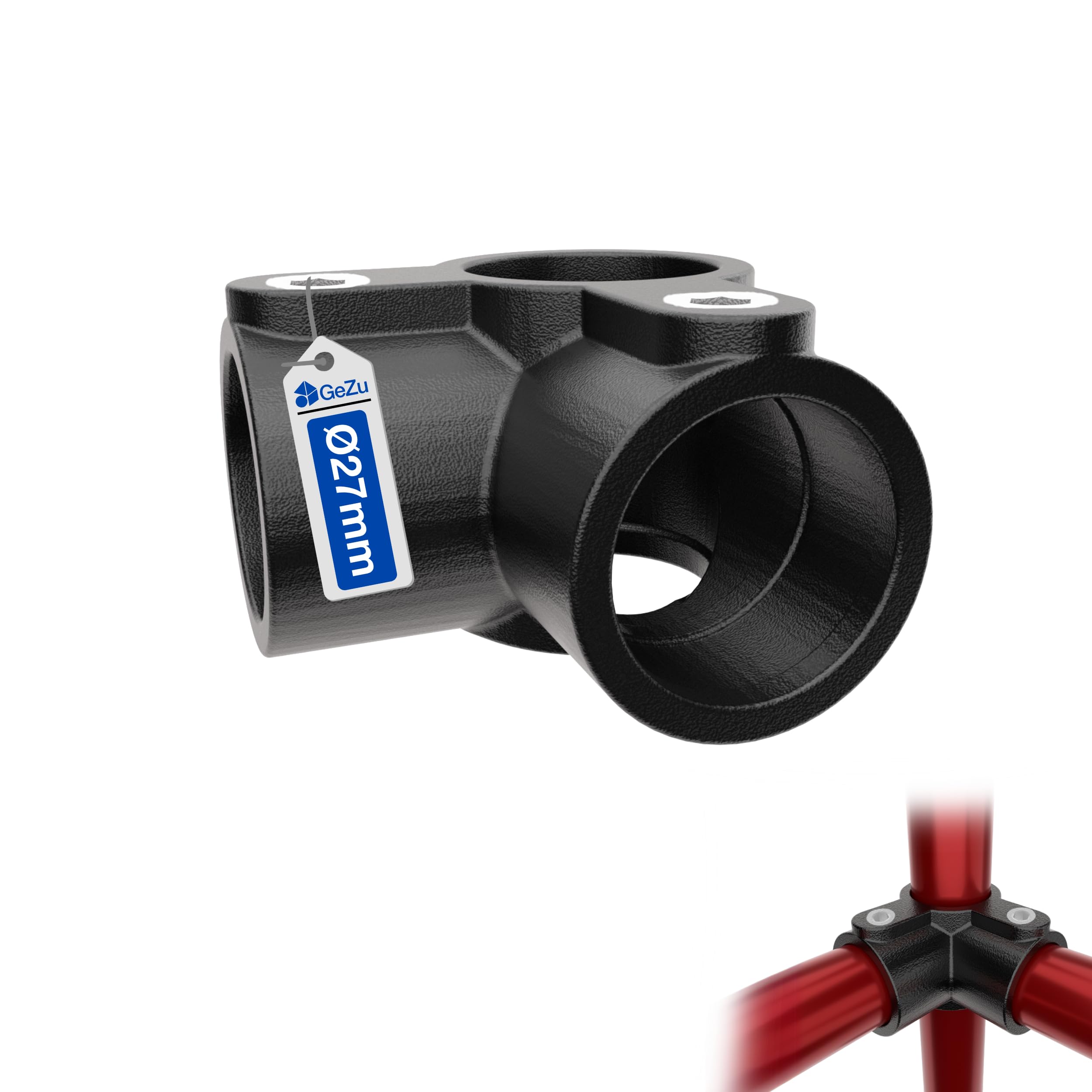 GeZu Impex 3 Way Mid Rail Corner Clamp Ø27 mm Hot Dip Galvanised Black Powder Coated 3 Way Through Corner Tube Clamp Fitting & Pipe Connector