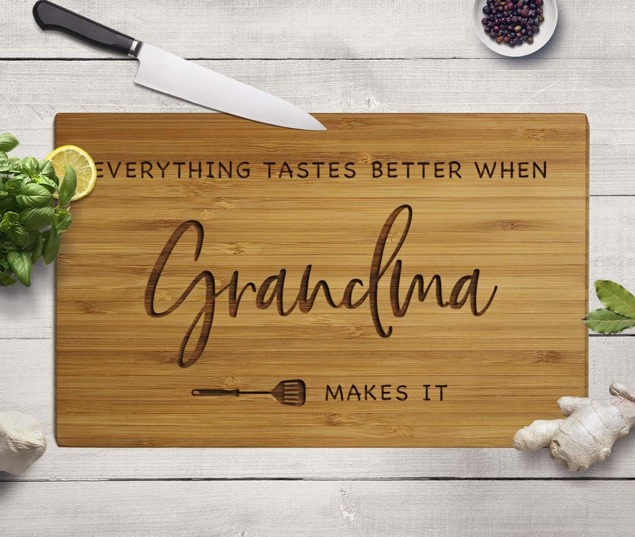 Andaz Press Large Bamboo Wood BBQ Cutting Board Gift, 17.75 x 11-inch, Everything Tastes Better When Grandma Makes It, 1-Pack, Engraved Serving Chopping Board Christmas Birthday Chef Kitchen Ideas