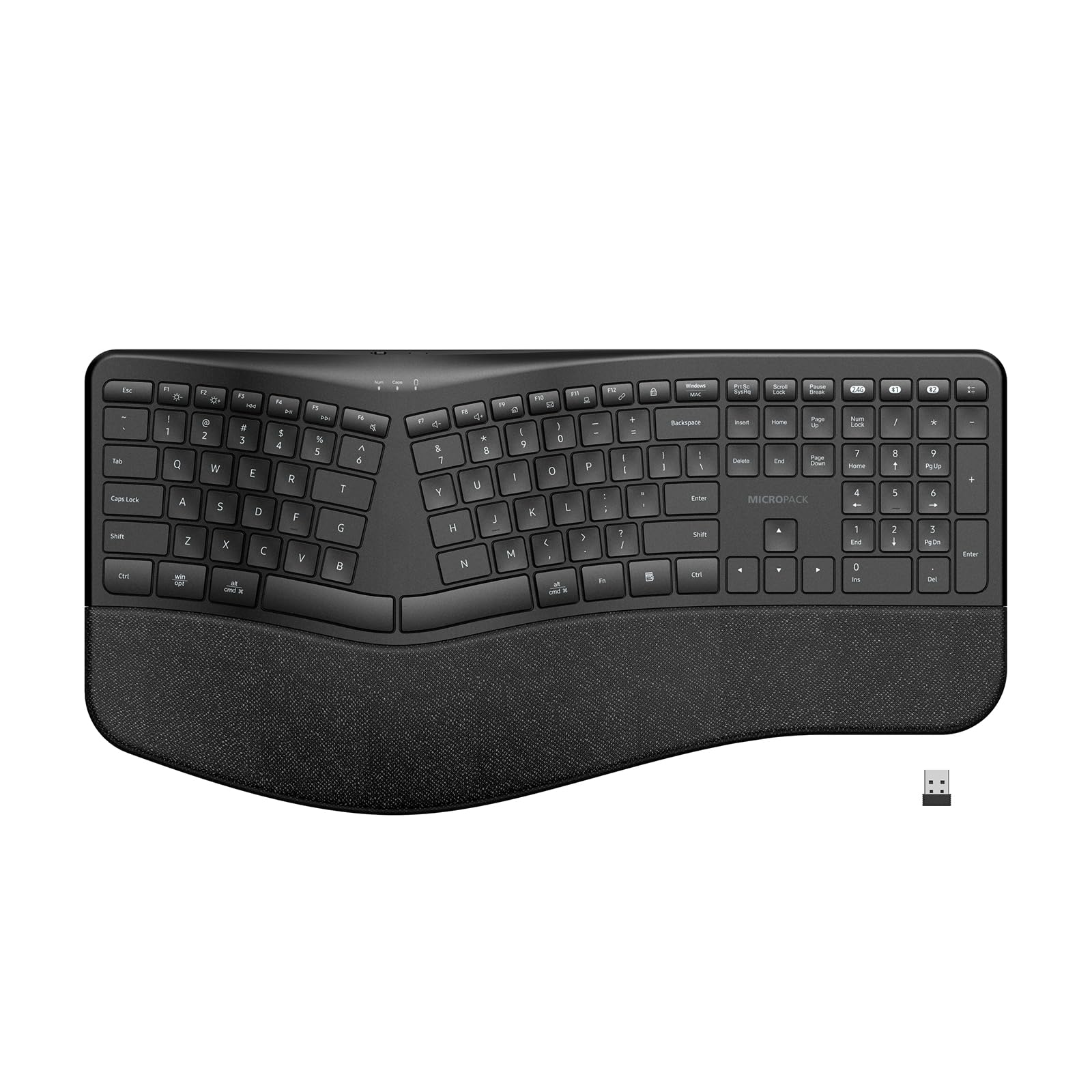 MicroPack Tastiera Ergonomica Wireless con Bluetooth, USB-C Ricaricabile e Protezione da Sovraccarico, Poggiapolsi, Connettività a 3 dispositivi, Interruttore a Forbice Silenzioso, Inclinazione