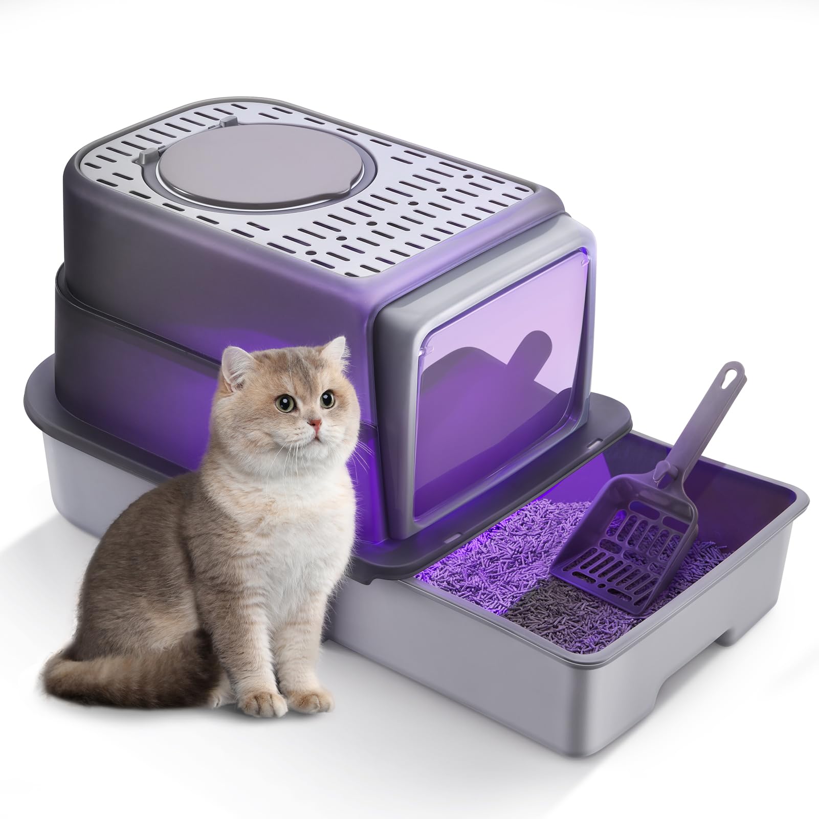 Large Cat Litter Box with UV Sterilization, Easy Clean Cat Litter Tray with Drawer Pan, Scoop & Grooming Ring, Anti-Leaking, Odor Control - 50x35x35cm, Grey — image 1