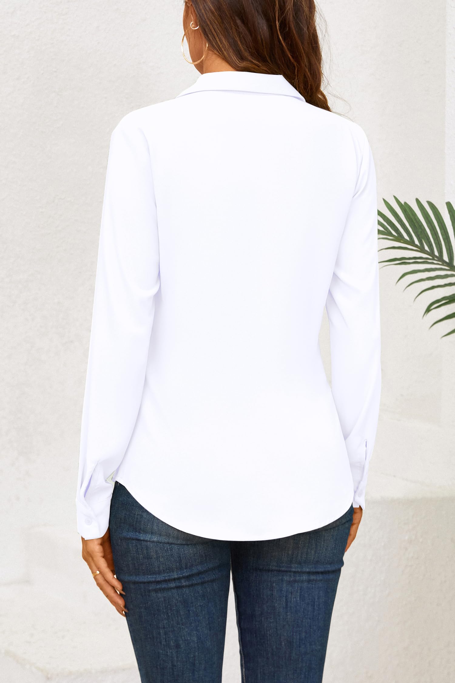 Camicia da donna con bottoni, elegante, casual, a maniche lunghe, scollo a V, per lavoro, ufficio, senza pieghe