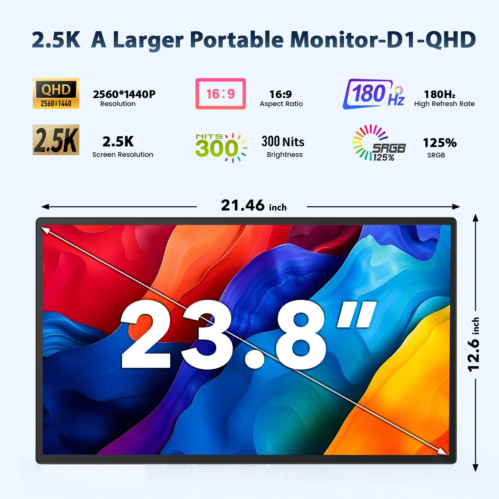 Kwumsy Monitor Portatile Per Laptop 23.8 Pollici - 2.5K QHD 180Hz Doppio Schermo PC Portatile, Rotazione 90° e Altezza Regolabile, Monitor Portatile Pieghevole, Doppio Monitor Plug & Play per Wins/Mac
