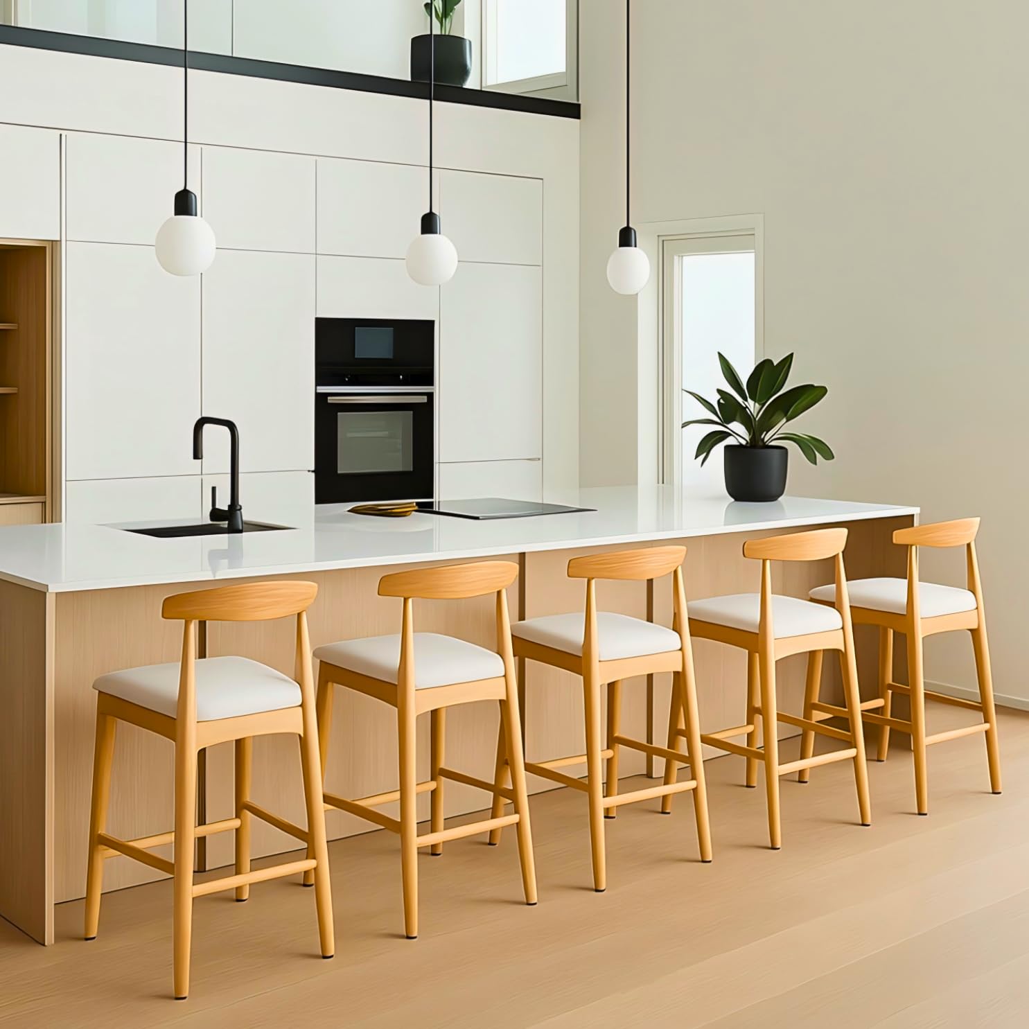 Mid-Century Modern Solid Wood Counter Stools Set of 2 - 24" Upholstered Seat with Beige Cushion for Kitchen Island & Din
