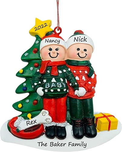 Adorno de pareja embarazada y perro, adorno de Navidad con hueso de perro, personalizado