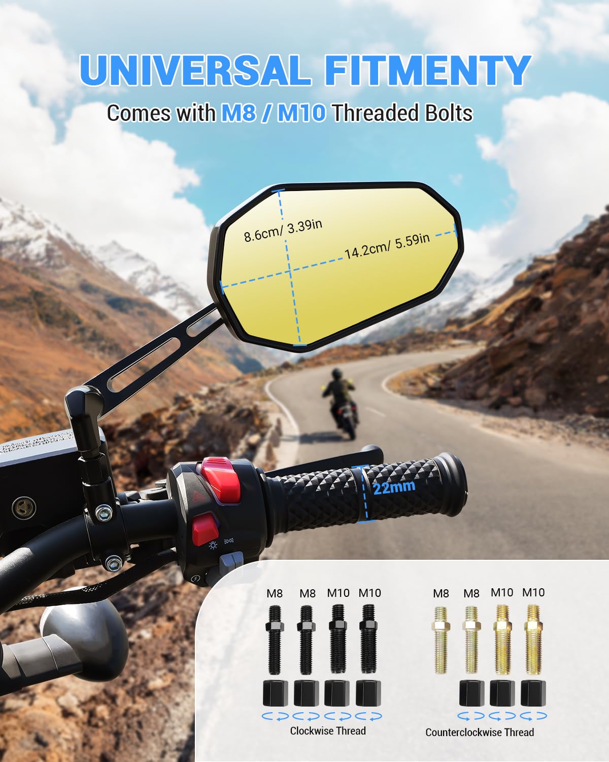 SUPAREE Rétroviseurs Latéraux Moto Rétroviseurs Moto Universel Rétroviseur Guidon Moto Homologué Jaune 360°Rotation Réglable avec E-mark et Filetages M8 M10 pour Quad ATV Scooter 2PCS