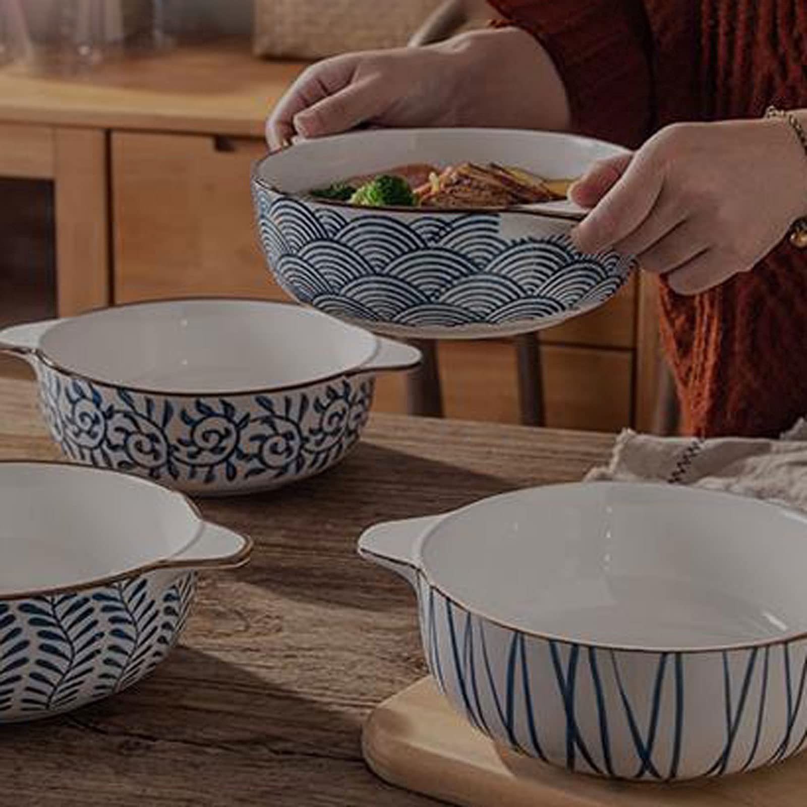 Miski do kuchni Ceramiczna salaterka 2-częściowy zestaw 17 uncji może zachodzić na uszy z wykwintnym designem Porcelanowy zestaw misek kuchennych z makaronem żaroodpornym Ceramika na przekąskę, deser