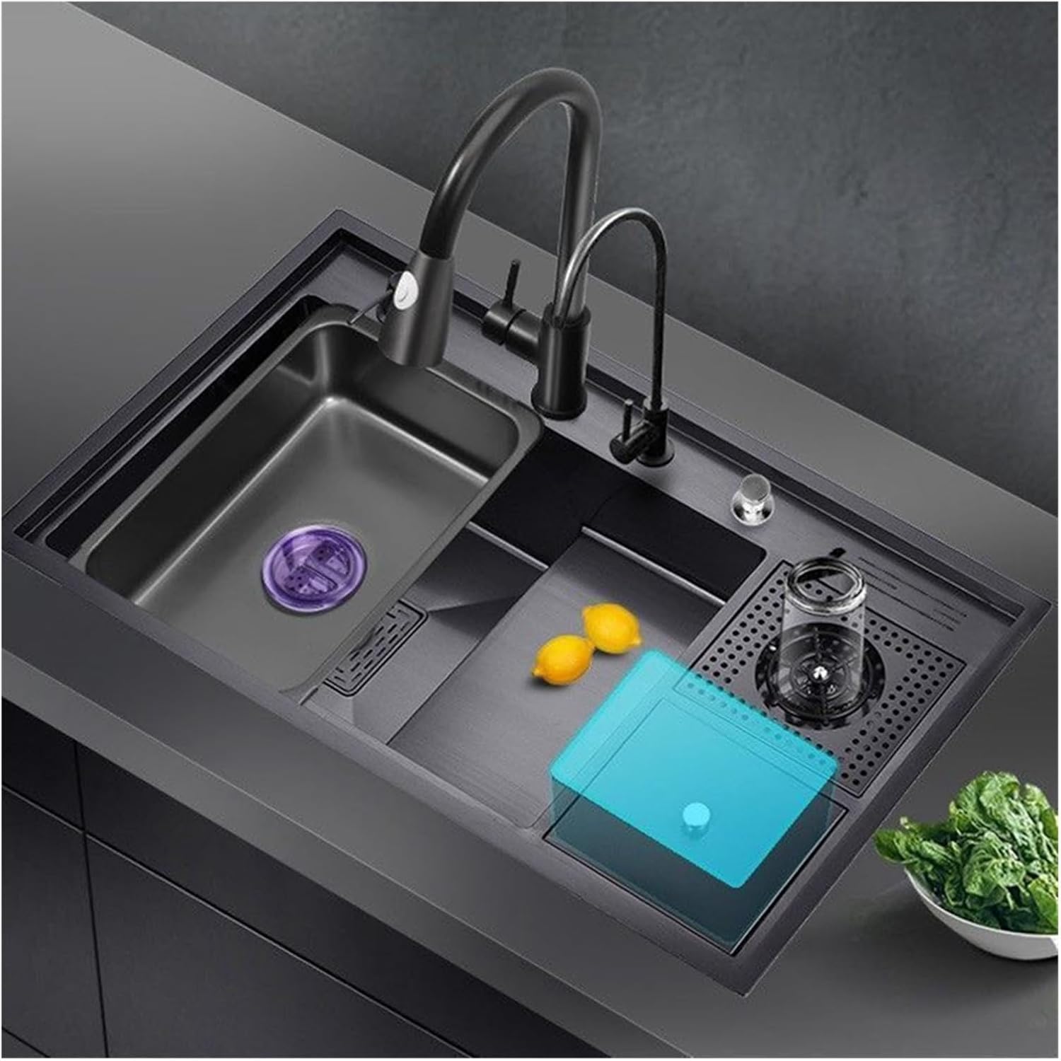 Cup Washer Kitchen Sink Large Single-Slot Manual Ladder Wash Basin Multi-Functional High and Low Trash Can with Knife Holde