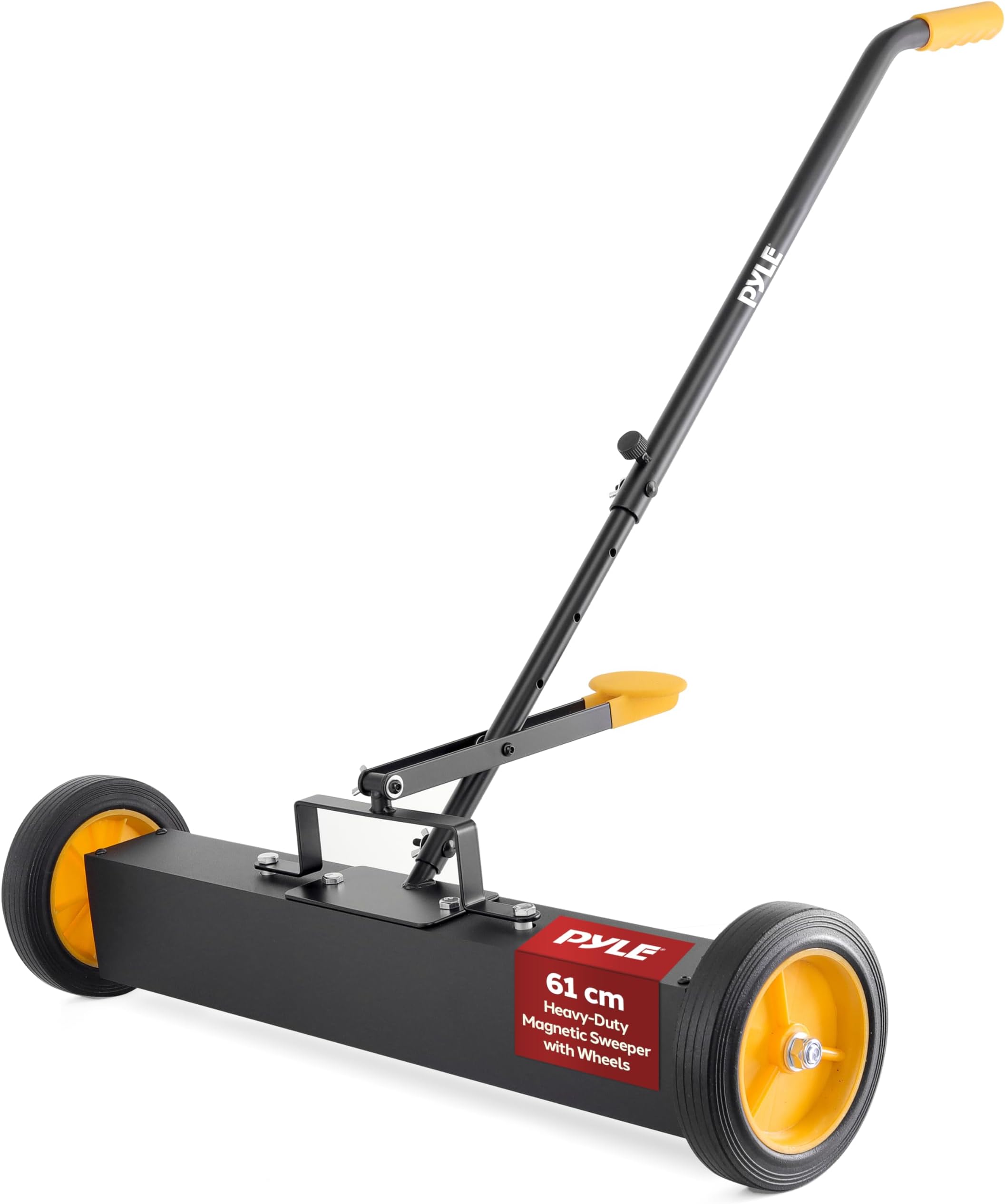 Pyle Magnetic Sweeper with Wheels 61cm, Rolling Paddle Broom Sweeper, Magnetic Sweepers with Adjustable Handle, Strong & Durable Construction, Heavy-Duty Metal Cleaning Pickup for Nails/Needles/Screws