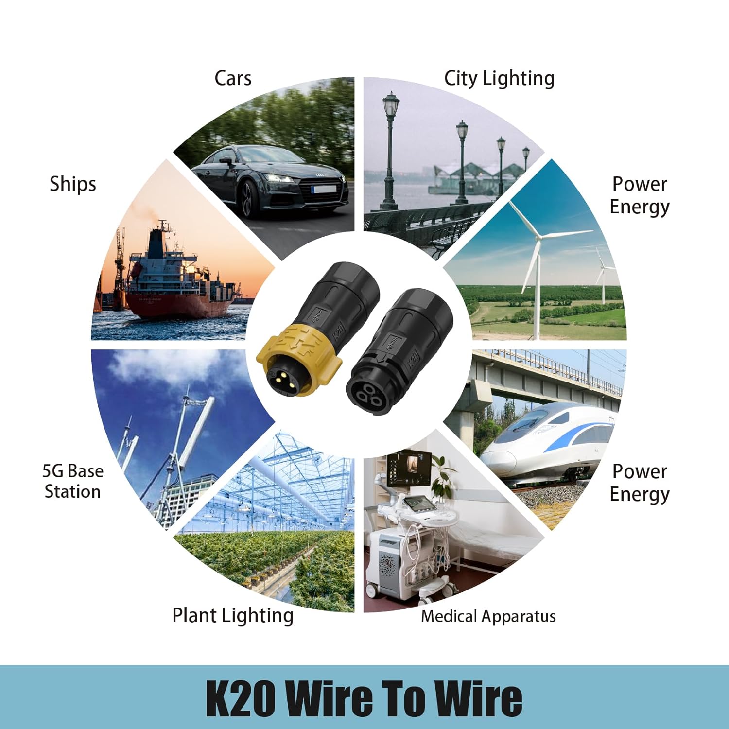AOHUA 3-Pack K20 IP68 Waterproof 3-Pin Connector - Quick Docking 300V/20A Male/Female Electric Plug Socket for 6.0-13.0 Cables, Industrial/Aviation Grade (AH-K20-2003MMZ/FFZ01222-Y)