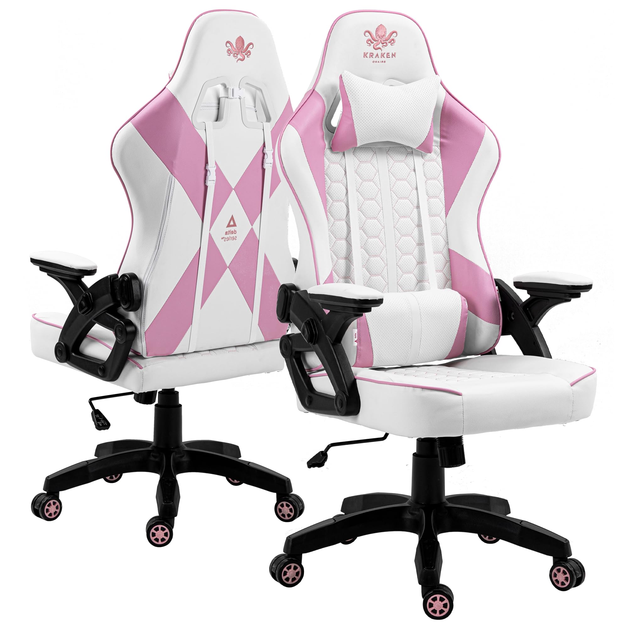 KRAKEN CHAIRS Silla Gaming de Piel sintética Silla de Oficina Ergonómica Sillón Altura Ajustable Sillón giratoria Reposabrazos Ajustable Cojín Lumbar Blanco-Rosa