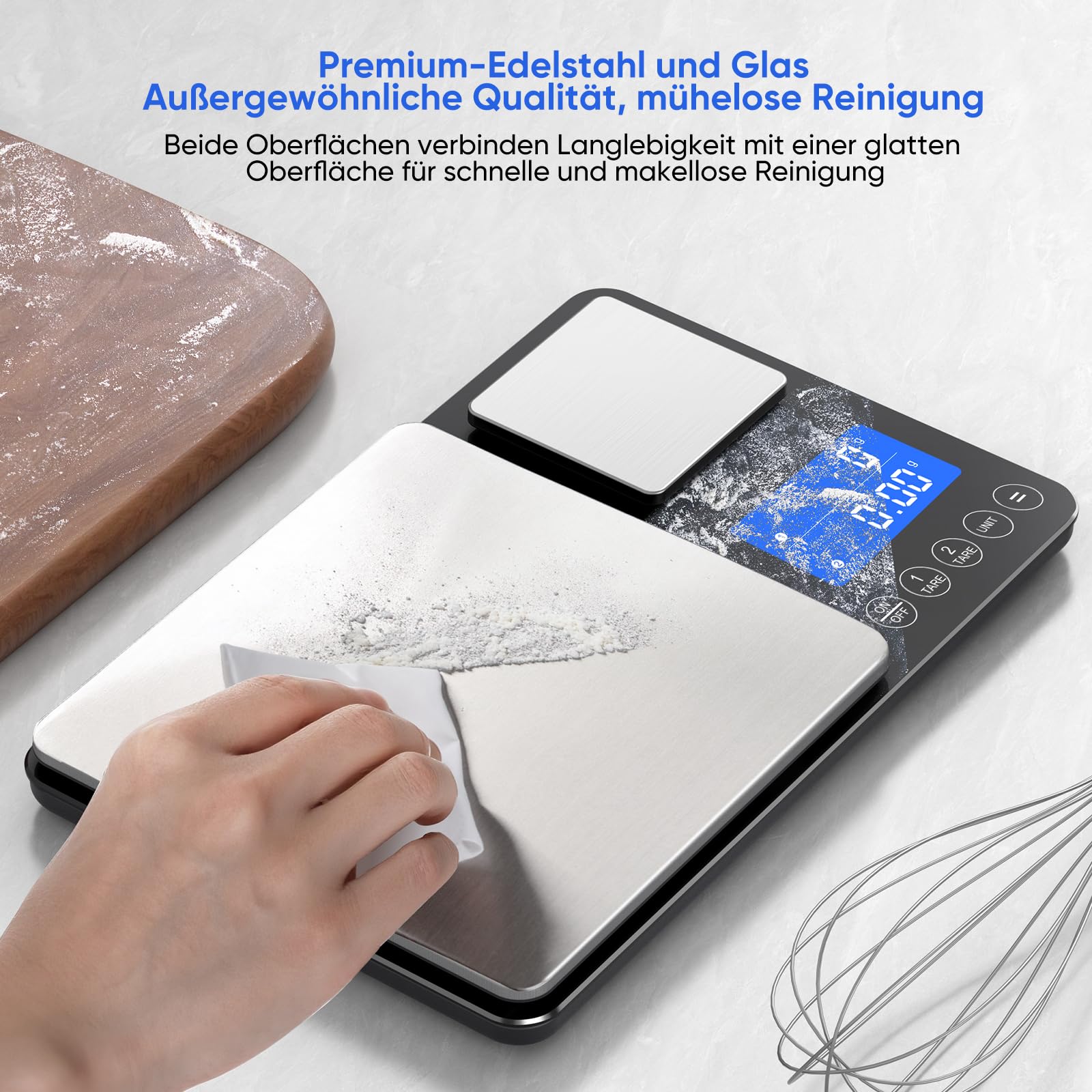 KUAIVO Küchenwaage Digital 15 kg / 0,01 g, Hochpräzise Zweibereichs Waage Küche mit Addierfunktion, Tara-Funktion, 7 Maßeinheiten, Küchenwaage zum Kochen und Brotbacken, inkl. Batterien