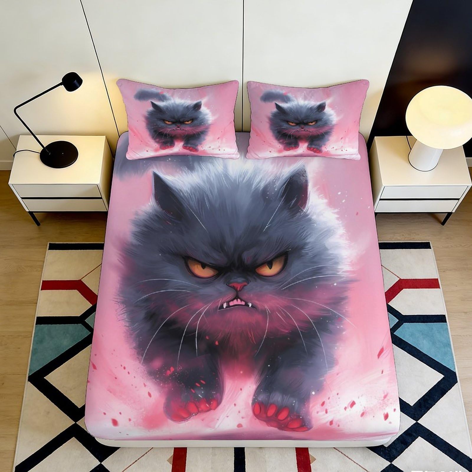 3D Printed Angry Cat Fitted Sheet Microfiber Durable Soft 3D Printed Grumpy Kitten Bed Cover for Bedroom Dormitory Guest Room Mattress Protection 90x200x25cm