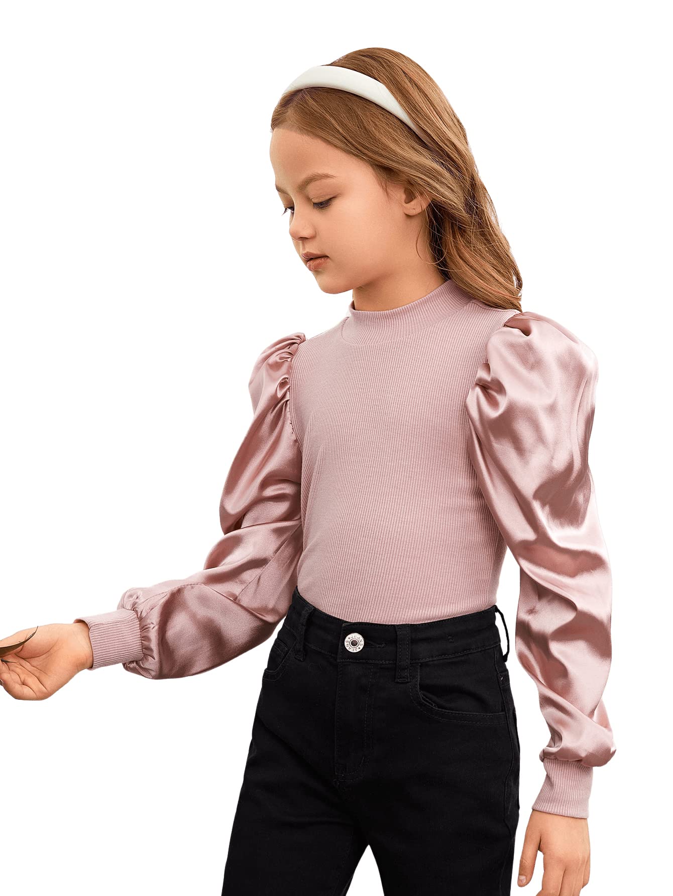 Floerns Girls Casual Puff Long Sleeve Round Neck Rib Knit Blouse Tee Tops Dusty Pink 11-12Y