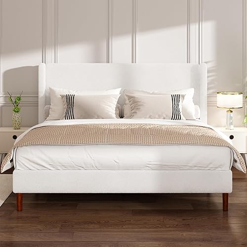 Miniatura 9 de Marco de cama Full Boucle, cama de plataforma con cabecera tapizada con respaldo de ala, fuerte soporte de listones de madera, sin ruido, no