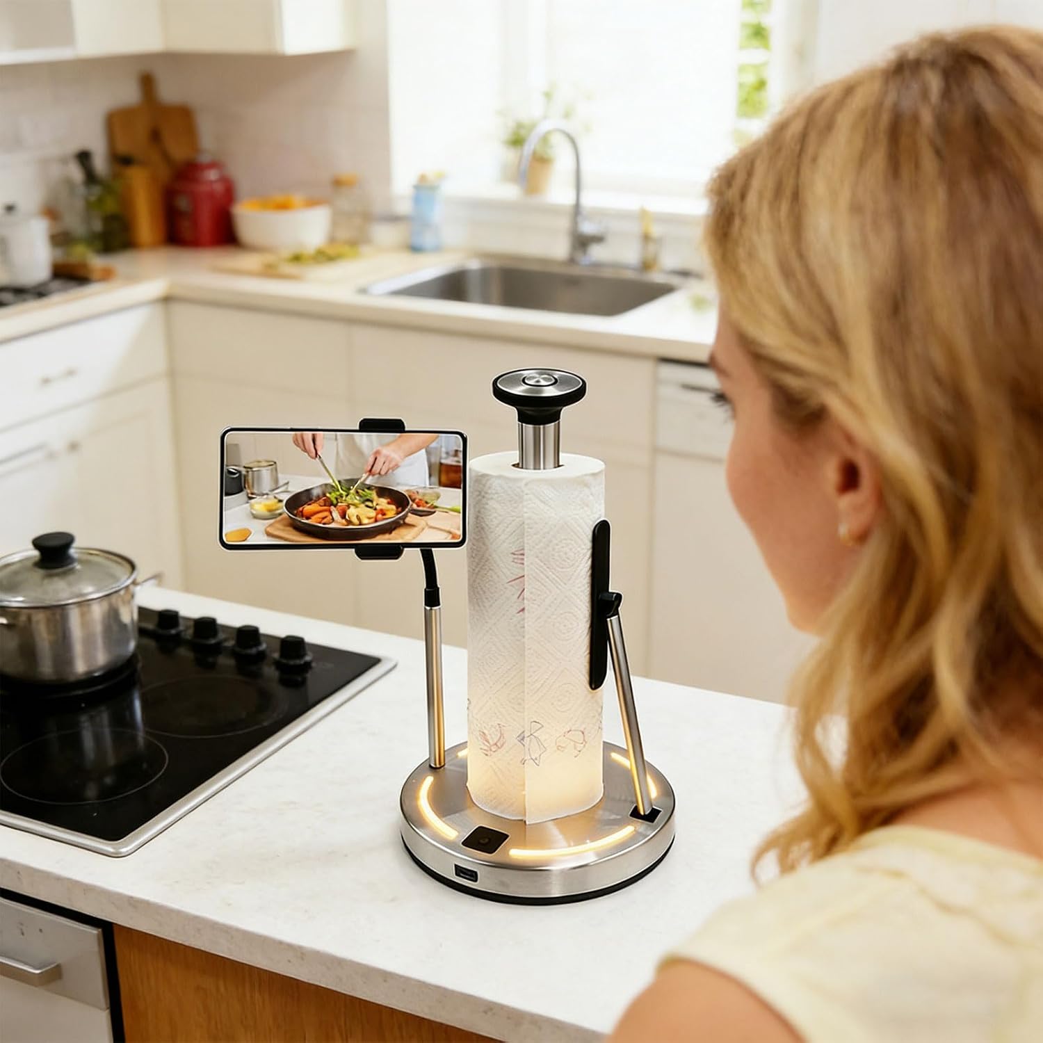 Stainless Steel Illuminated Holder Featuring Built in LED Light and Removable Container for Kitchen Bathroo