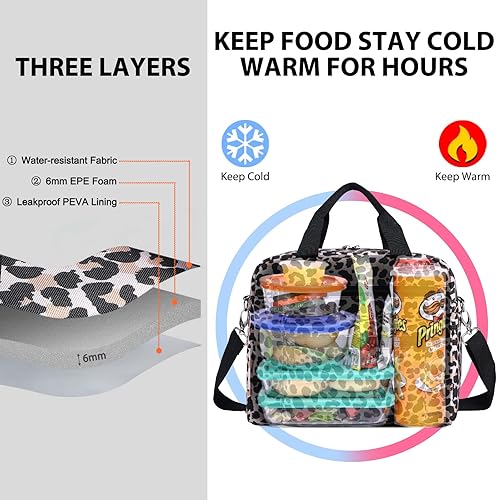 Miniatura 5 de MIER Lonchera con estampado de leopardo para mujer y mujer, con aislamiento, elegante y bonita, con correa para el hombro, portátil, a la moda