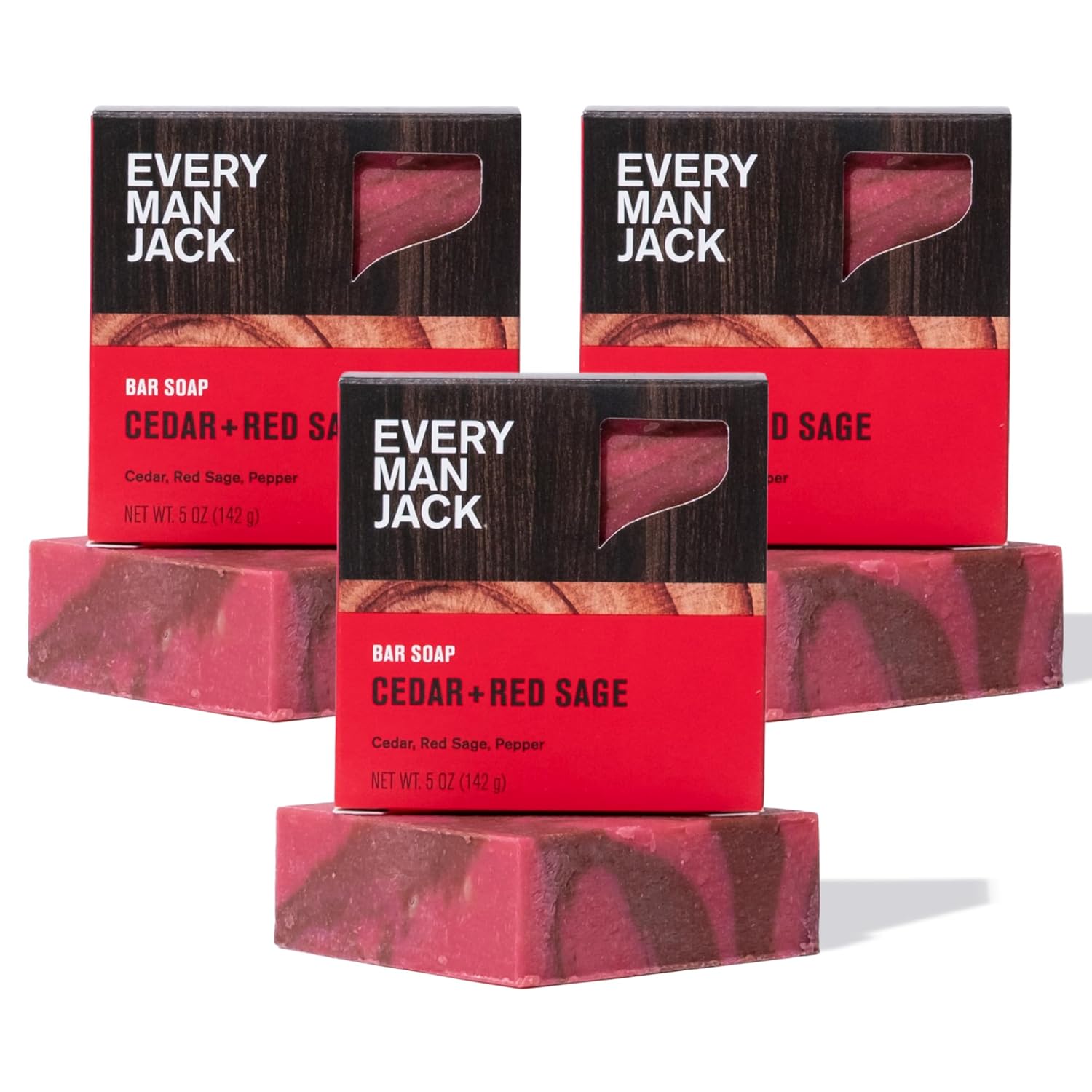 Every Man Jack Cold Processed Mens Bar Soap - Cedar + Red Sage Scent - Deeply Cleans & Hydrates with Shea Butter and Coconut Oil - (3 Pack)
