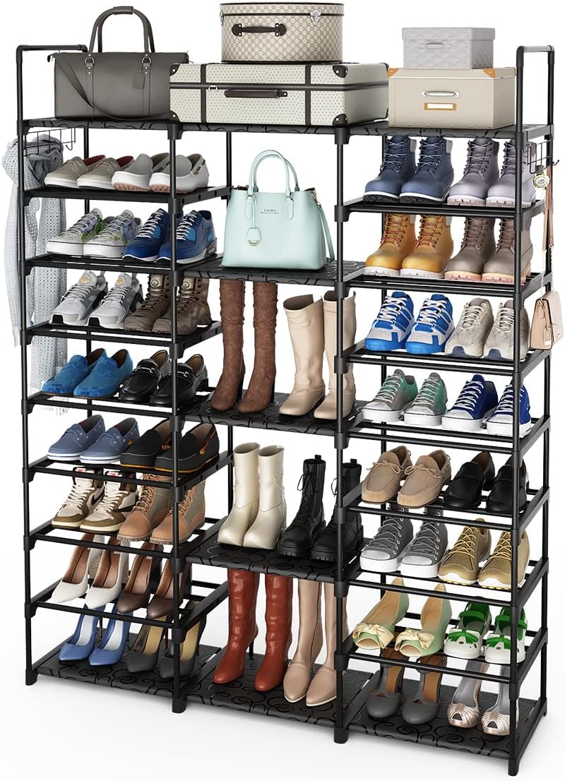 Caitlyn 9 Tiers Shoe Rack Storage Organizer Shoe Shelf Organizer for Entryway Holds 50-55 Pairs Shoe and Boots, Versatile Hooks Stackable Shoe Cabinet, Black
