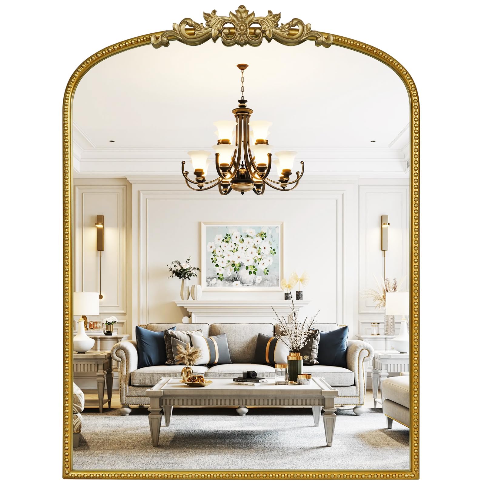 WallBeyond Gold Vintage Mirror for Vanity 24x32 Inch, Gold Antique Mirror with Ornate Frame, Arched Vintage Wall for Bathroom, Living Room, Fireplace, Entryway