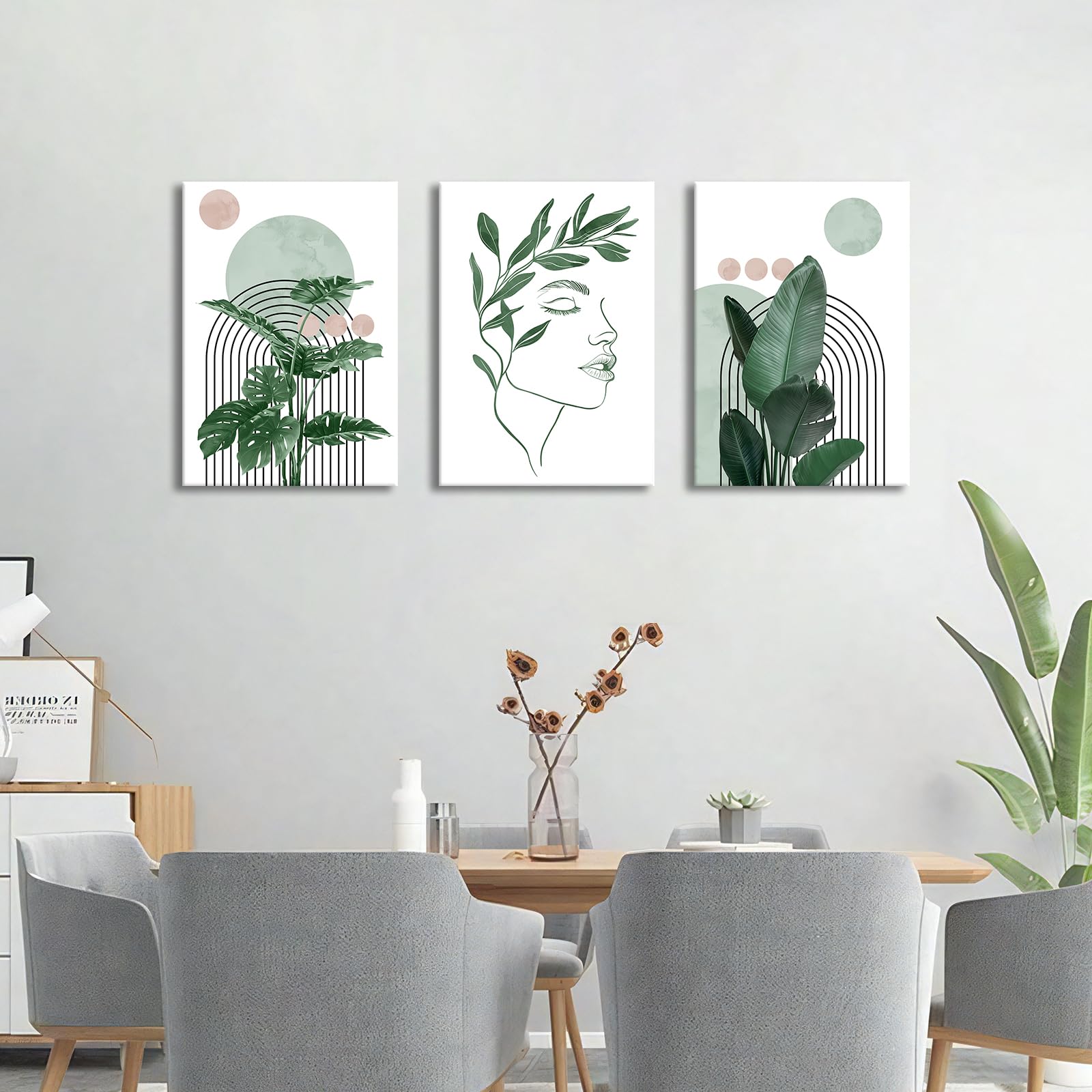 3 Pcs Wooden Framed Canvas Wall Art Set Bohemian Sage Green Canvas Prints Poster Geometric Line Beige Green Pictures for Living Room Bedroom Dinning Room Hallway Stairs Wall Decor 30x40cm x3pcs — view 65