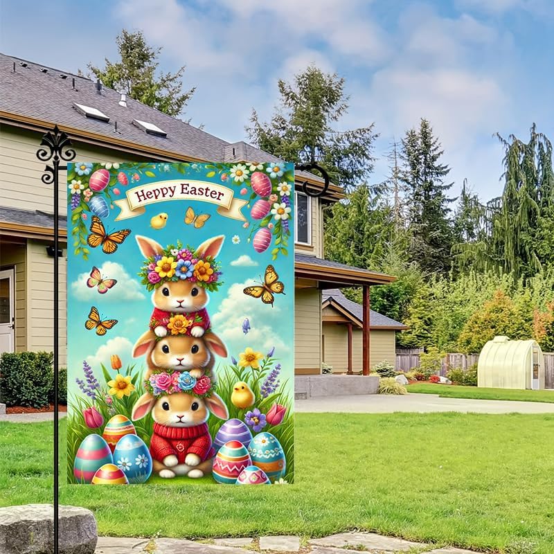 Happy Easter Garden Flag 12x18 Inch Double Sided Bunny Stacked Rabbits Eggs Butterfly Flowers Design Small Outdoor Yard Flag Spring Easter Welcome Decor for Porch Lawn Patio Garden - Image 6
