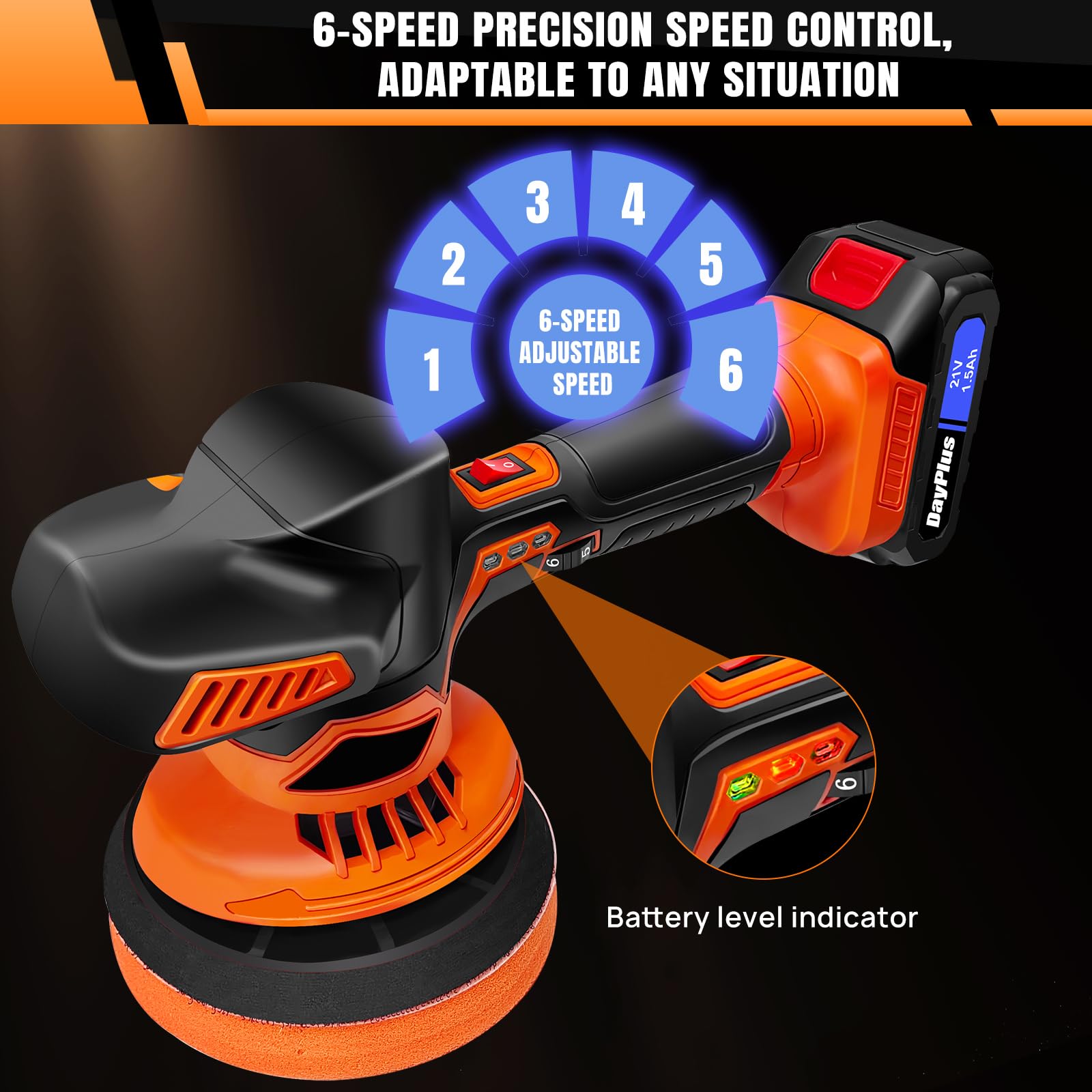 Pulidora inalámbrica de 21 V con ajuste de 6 velocidades y 2 baterías de iones de litio, pantalla de nivel de disco de 125 mm a 150 mm, potencia de entrada máxima de 110 W para pulido