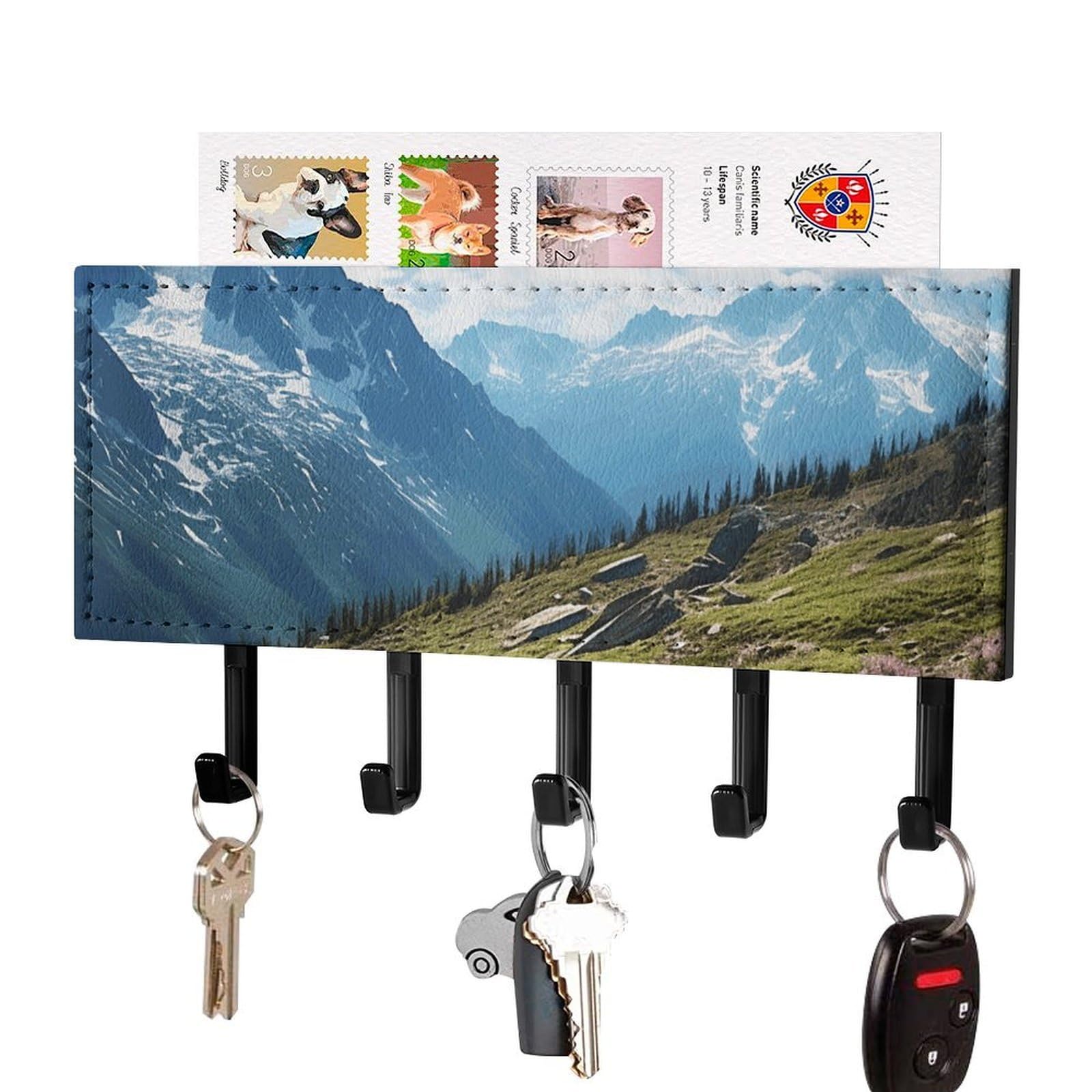 DWVTSLH Mountains Key Holder for Wall, Decorative Key Hooks with Mail Organizer & 5 Hooks, Self Adhesive Leather Key Hanger for Entryway, Wall Mounted Key Rack (7.1” X 4.3” X 0.9”)