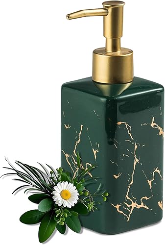 Miniatura 13 de Dispensador de jabón dorado para encimera de baño, botella dispensadora de jabón cuadrado blanco con rayas doradas para fregadero de cocina, loción