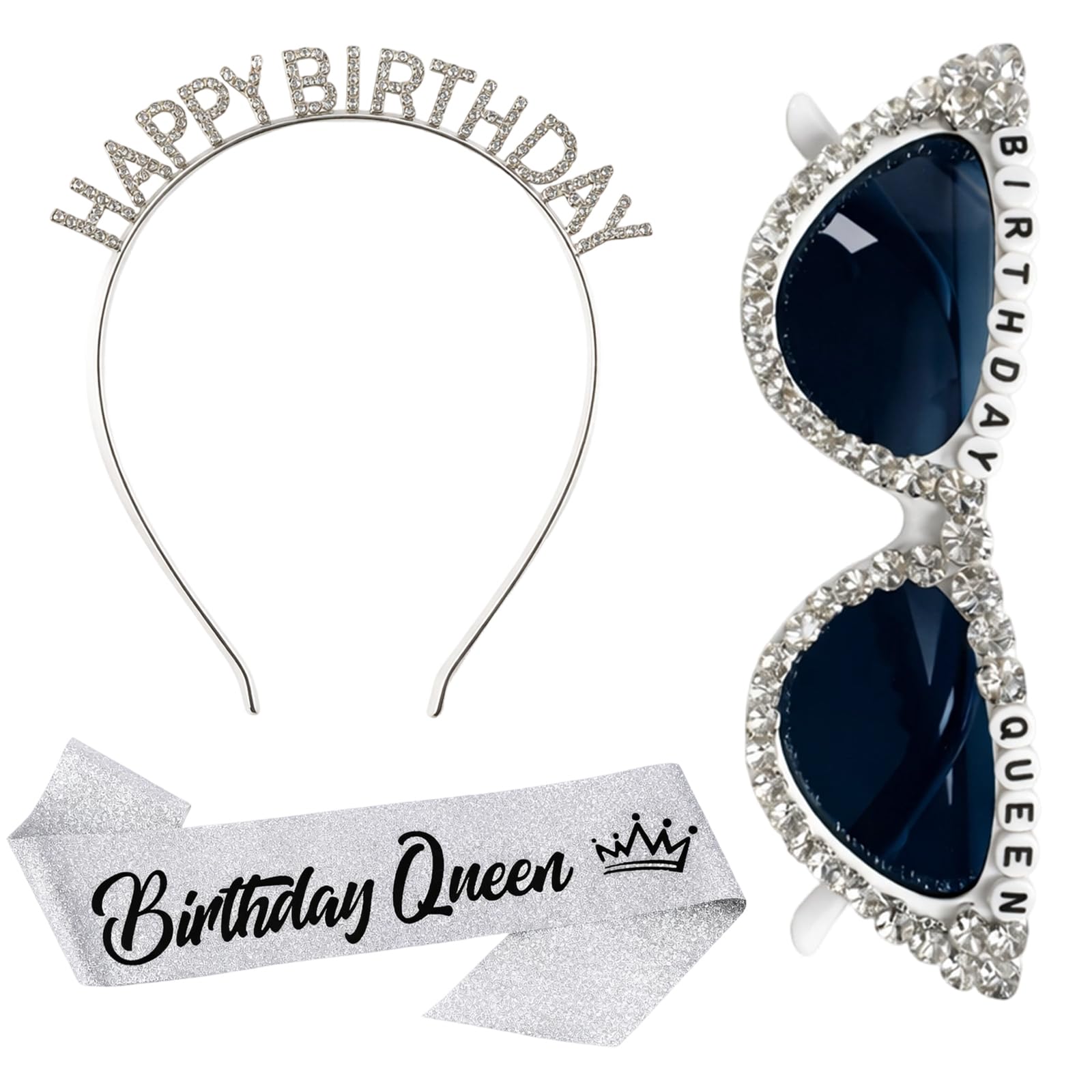 QhgPnt Birthday Queen Accessories Set, Birthday Sash for Women with Glitter Sunglasses and Silver Headband, Happy Birthday Party Accessories for Girl Women Costume Decoration