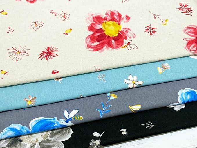 Amazon 花柄 大柄 生地 みつばちとおはな 綿麻キャンバス コットンリネン 2 ブルー 生地幅110cm 50cm 商用利用可 フラワー ハチ 蜂 おしゃれ オシャレ 北欧風 日本製 ヌノズキ 布好き 布 生地 通販