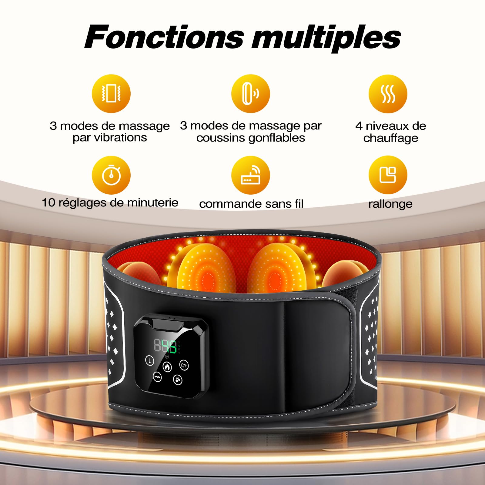 Ceinture Chauffante et Massante Lombaire Sans Fil – Coussin Chauffant avec 3 Modes Airbag et 4 Niveaux de Température pour Soulager les Douleurs Lombaires, Sciatique et Stress Quotidien