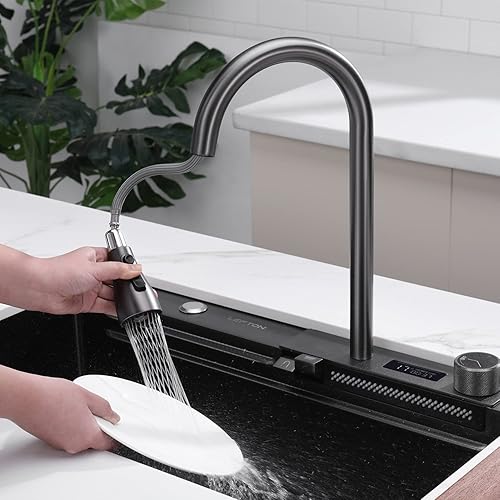 Miniatura 4 de Lefton KS2204-2A - Juego de fregadero de cocina en cascada de acero inoxidable 304 con grifo extraíble, cesta de drenaje, lavabo interior y tabla de