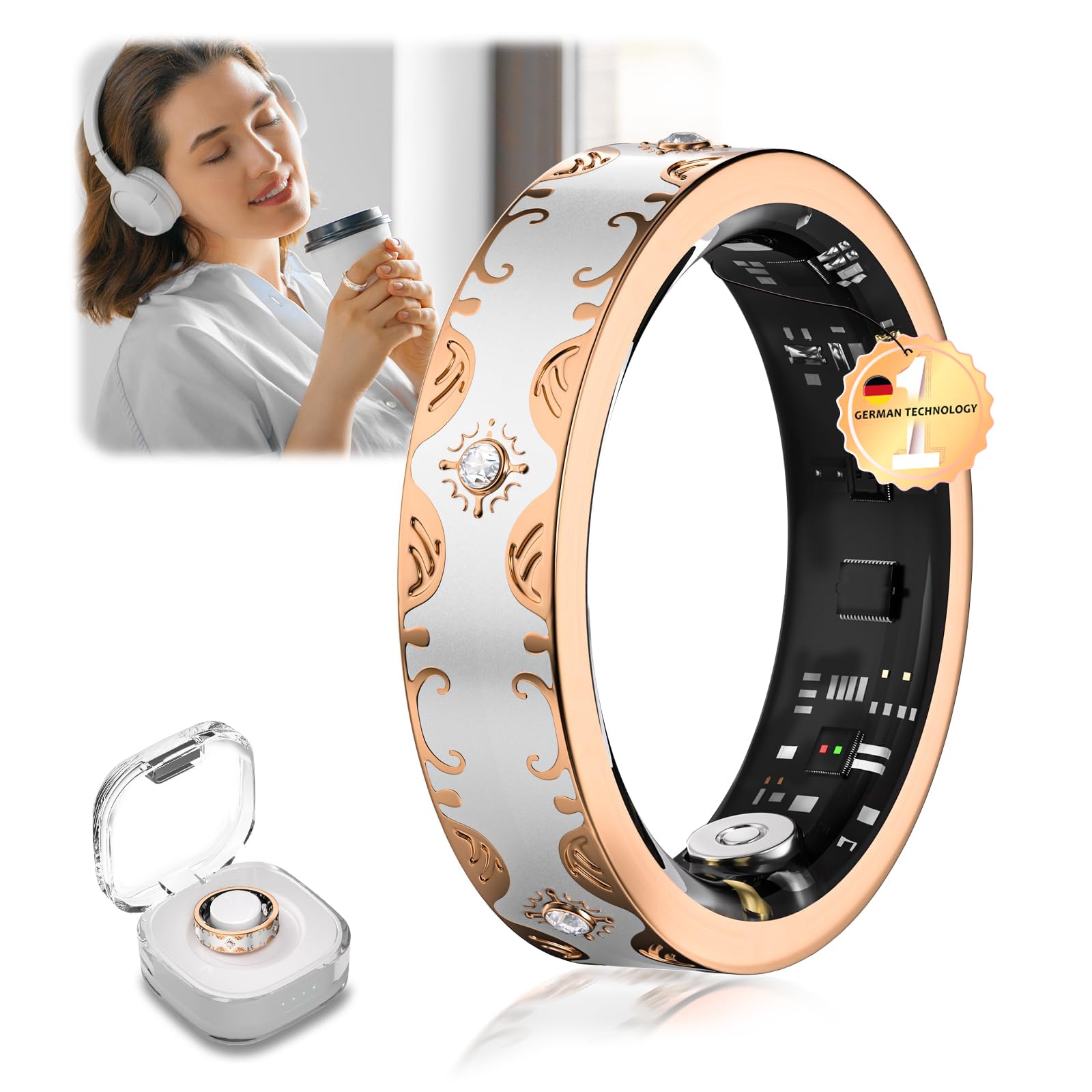Anello intelligente e custodia di ricarica wireless 2026 【Tasso di errore 0% - precisione superiore del 30%】【Salute automatica 24/7 - 8 metriche (±2%)】Monitoraggio del sonno, SpO2 indossabile